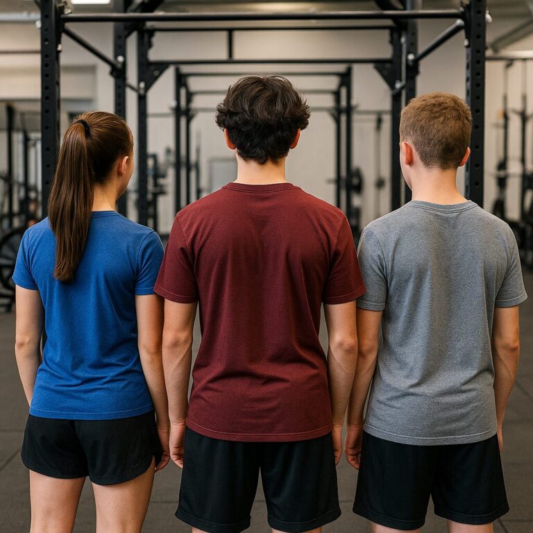 Neurodiverse teens doing strength exercises in a gym from side and back view.