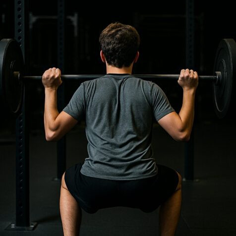 Teen boy performing barbell squat in a dark gym from behind.