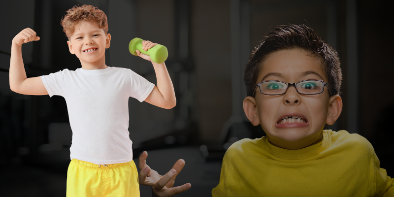 Autistic child showing strength and confidence in a supportive fitness environment compared to overwhelm in an overstimulating setting